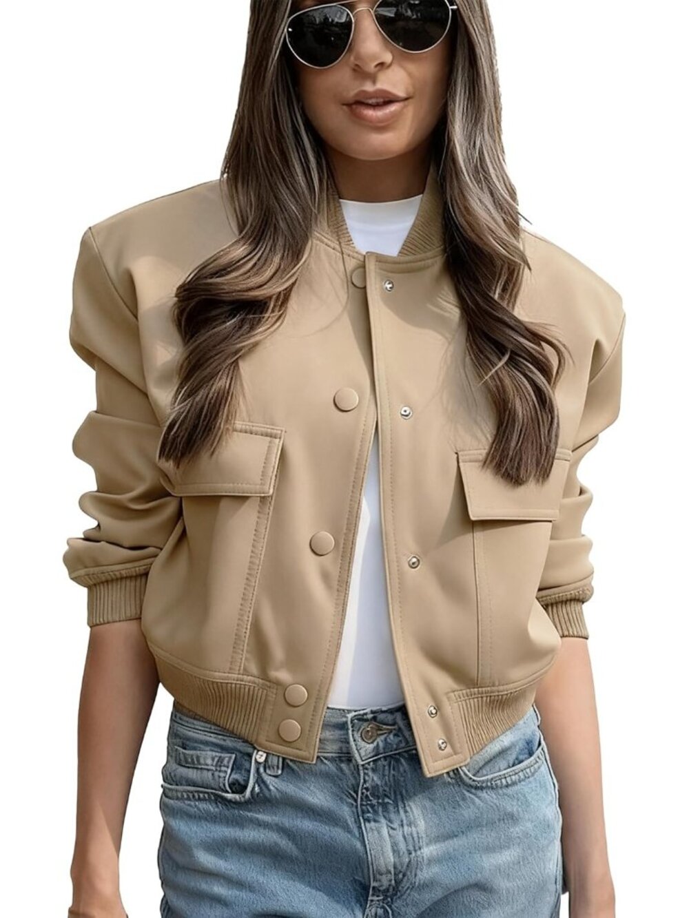 Women's Khaki Polyester Band Collar Button Elastic Ribbed Cuffs Bomber Jacket